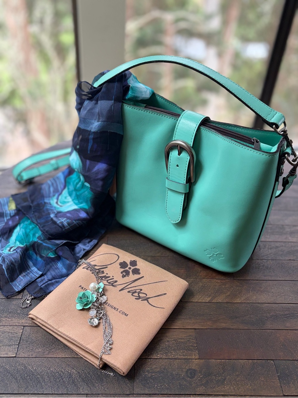 PN Turquoise Teal Leather Crossbody Bag with Charm/Necklace and silk scarf